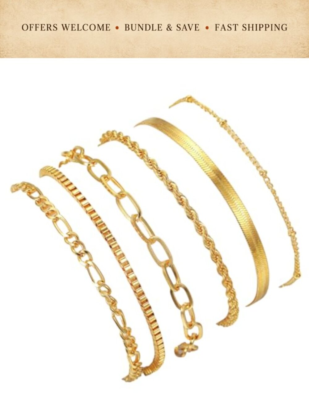 6 Piece Gold Plated Stack Bracelet Set Dainty Chain Layering Jewelry Gift for